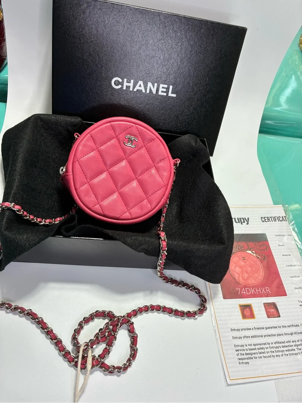 CHANEL Pink Quilted Round Crossbody Bag with Chain Strap